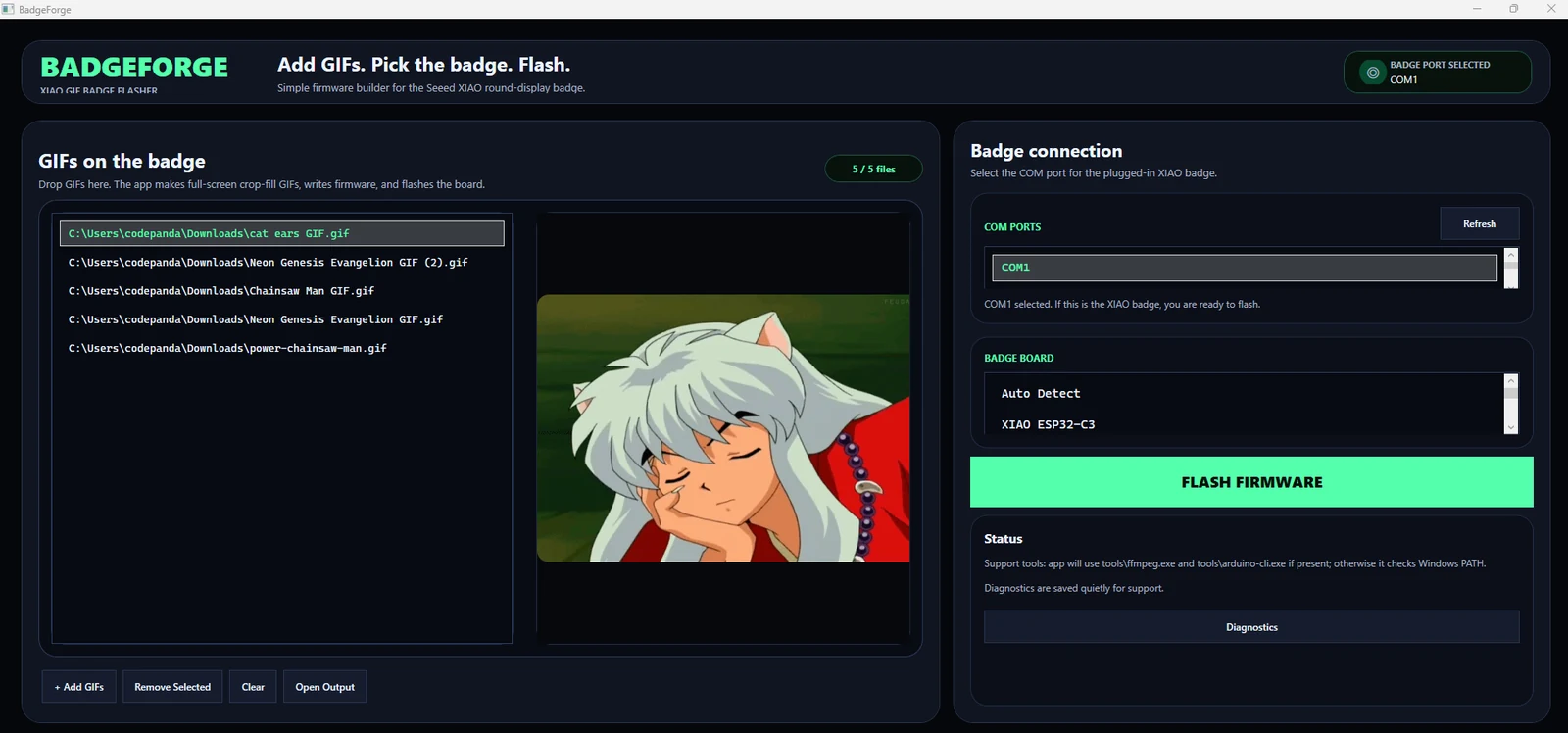 BadgeForge desktop app showing GIF selection and preview for Orb Badge